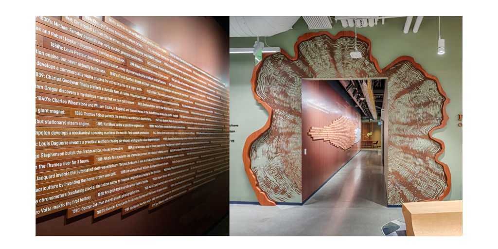 Technology milestone wall and Redwood tree ring entryway installation