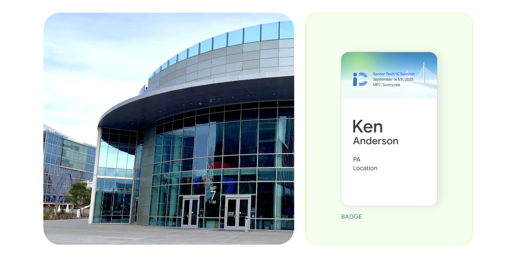 Senior engineering forum building entrance and attendee badge